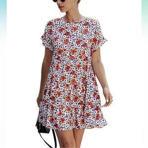 Ruffles Boho Floral Printed Babydoll Loose Swing Casual Short Mini T-Shirt Dress